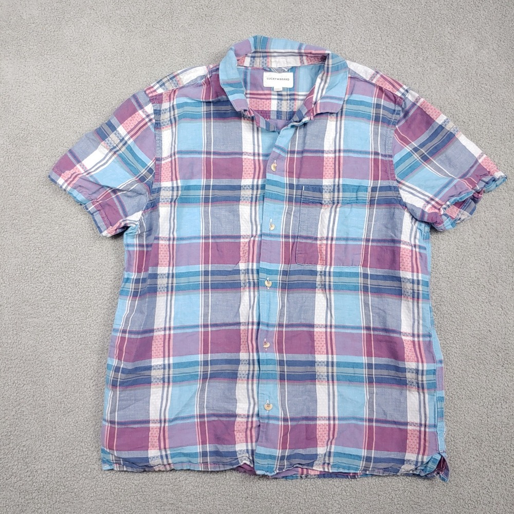 Lucky Brand Plaid WOMEN'S Button Down - Med Blue Purple Pink Linen Short Sleeve